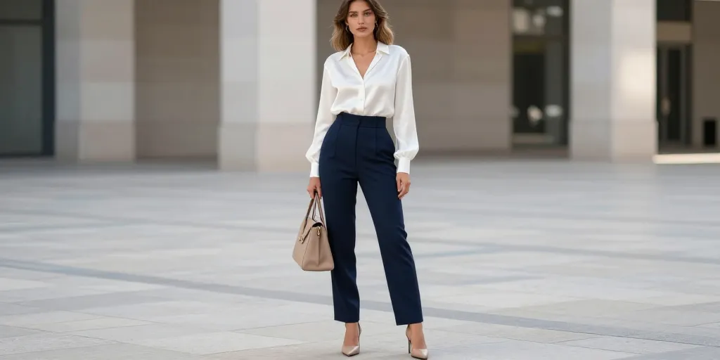 tenue avec pantalon bleu femme